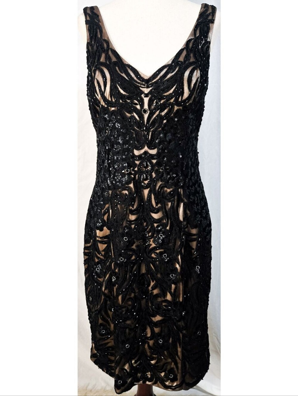Sue Wong Nocturne Vintage Beaded Sequin Sheath Dress Black Beige Mesh Lace